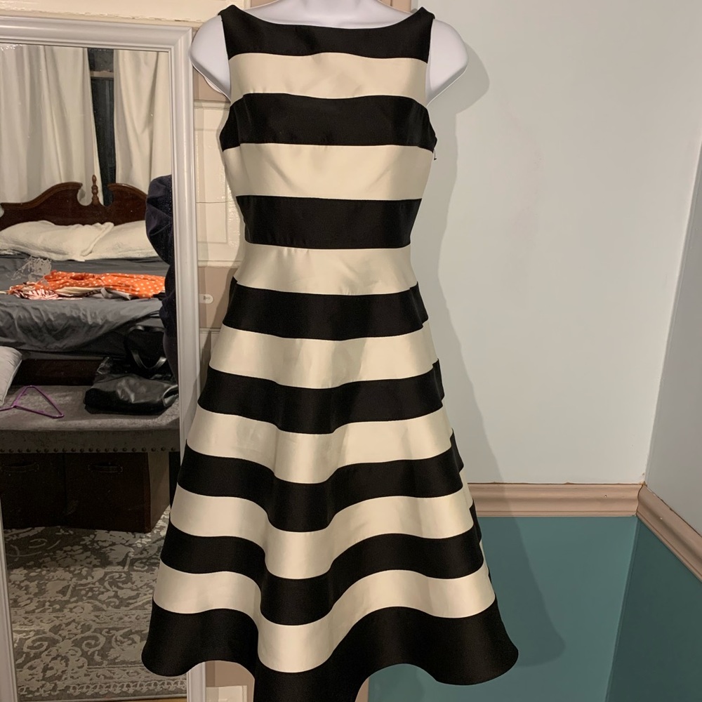 Black and white striped fit and flare dress